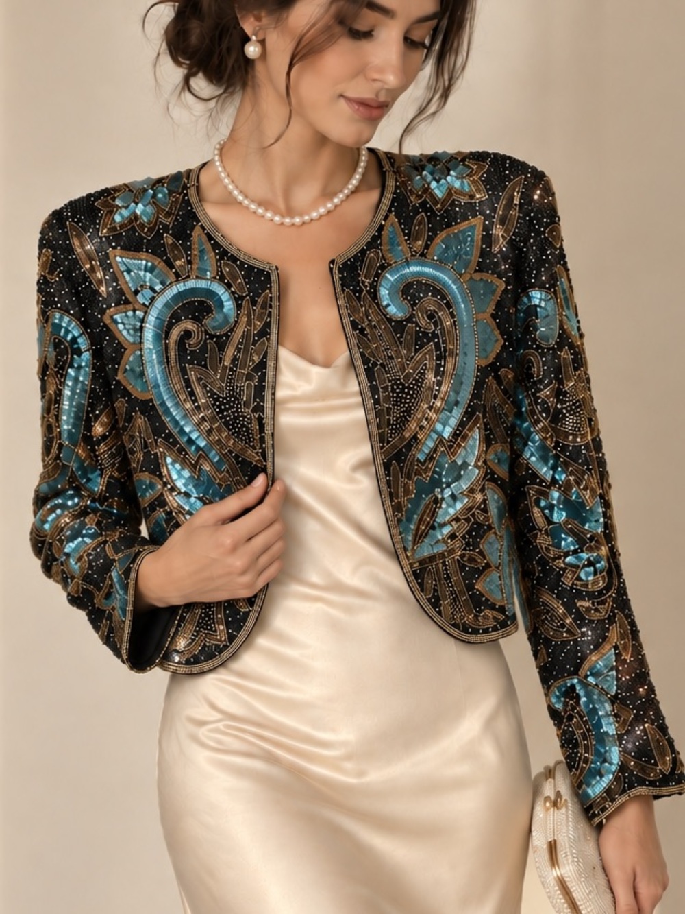 Vintage Hand Beaded Sequin Silk cropped Jacket Black Turquoise Gold